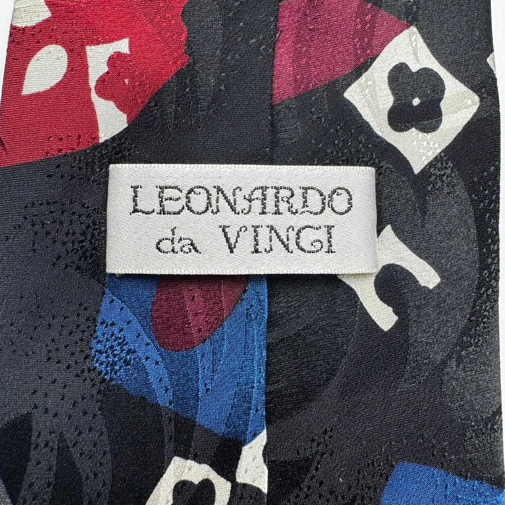 Leonardo da Vinci Mens Silk Necktie Abstract Geometric Burgundy Blue Black Tie